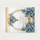 ブルーゴールドスパークルスウィート16 ウォーターカラーパーティーバナー タペストリー (正面(横))