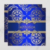 ブルーゴールドダマスク ロイヤルブルーパーティー 招待状 (正面/裏面)