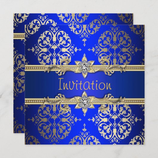 ブルーゴールドダマスク ロイヤルブルーパーティー 招待状 (正面/裏面)