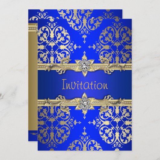 ブルーゴールドダマスク ロイヤルブルー パーティー発表 招待状 (正面/裏面)