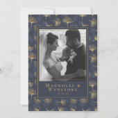 ブルーゴールドフォイルエレガントフローラフォト結婚ズ サンキューカード (正面)