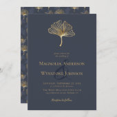 ブルーゴールドフォイルエレガントボタニカル結婚ズインビタティ 招待状 (正面/裏面)