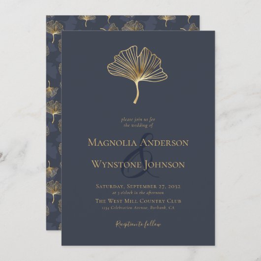 ブルーゴールドフォイルエレガントボタニカル結婚ズインビタティ 招待状 (正面/裏面)