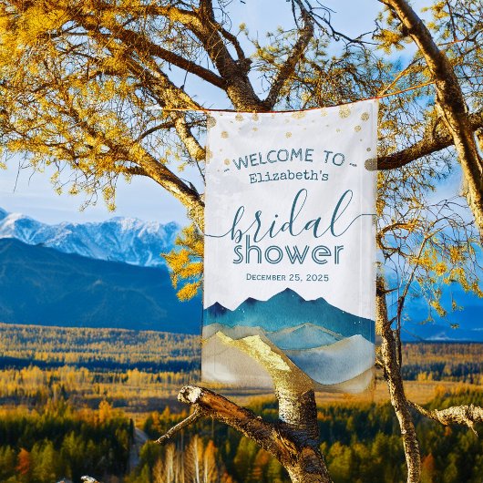 ブルーゴールドフォイルマウンテンブライダルシャワーウェルカムサイン 横断幕