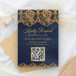 ブルーゴールドフォイルレースQRコードRSVP結婚式ウェブサイト エンクロージャーカード