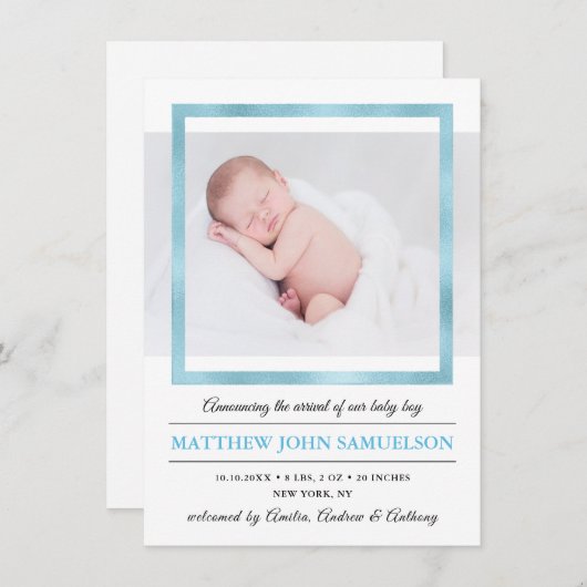 ブルーゴールドフォイル新生児ボーイ誕生統計 案内状 (正面/裏面)