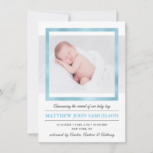 ブルーゴールドフォイル新生児ボーイ誕生統計 案内状 (正面)