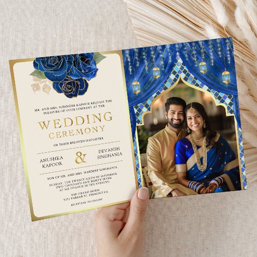 ブルーゴールドフラワーカーテン インドのヒンズー教徒の結婚式 招待状