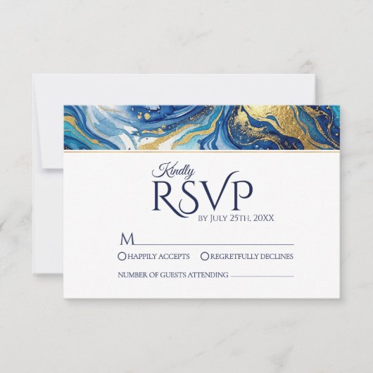 ブルーゴールドマーブルRSVP エレガントな結婚式の返信 出欠カード (正面)