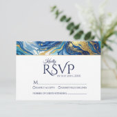 ブルーゴールドマーブルRSVP エレガントな結婚式の返信 出欠カード (スタンド正面)