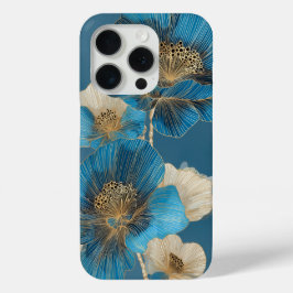 ブルーゴールドラインアートポピー植物画フラワー iPhone 15 PROケース