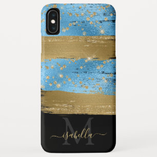 ブルーゴールドラメ スクリプトモノグラム iPhone XS MAXケース