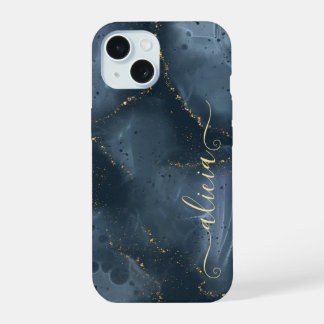 ブルーゴールド手描きアルコールインク iPhone 15ケース