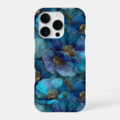 ブルーゴールド抽象水彩花柄 iPhoneケース (裏面)
