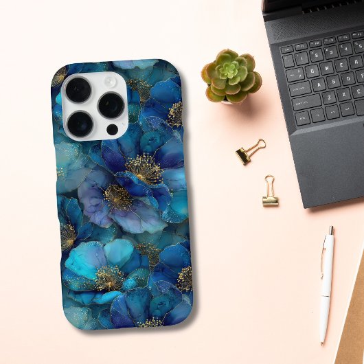 ブルーゴールド抽象水彩花柄 iPhoneケース