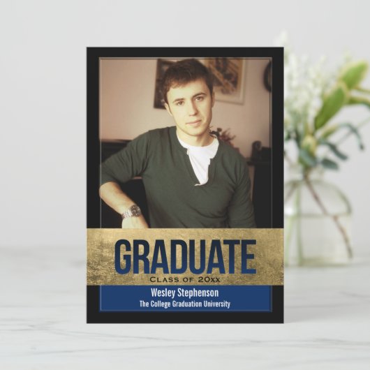 ブルーゴールド王室のフォイルブロックエフェクト写真卒業 招待状 (スタンド正面)