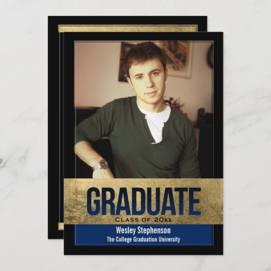 ブルーゴールド王室のフォイルブロックエフェクト写真卒業 招待状 (正面/裏面)