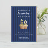 ブルーゴールド50歳のサプライズ誕生日招待状 招待状 (スタンド正面)