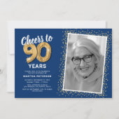 ブルーゴールド90歳の記念写真お祝い招待状 招待状 (正面)