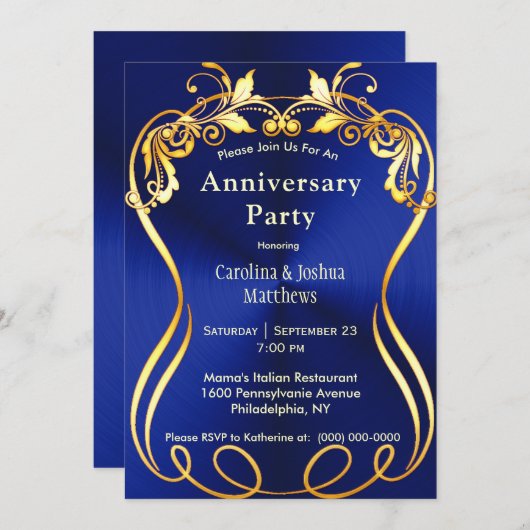 ブルーゴールド エレガント アニバーサリー 招待状 (正面/裏面)