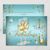 ブルーゴールド スパークル 50 & ファビュラス 誕生日招待状 招待状 (正面/裏面)