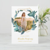 ブルーゴールド フローラル フォト 卒業パーティー 招待状 (スタンド正面)