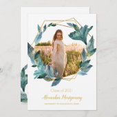 ブルーゴールド フローラル フォト 卒業パーティー 招待状 (正面/裏面)