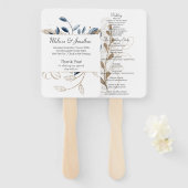 ブルーゴールド モダン フラワー エレガント ウェディング プログラム ハンドファン (正面&裏面)