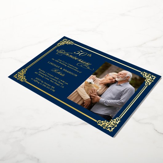 ブルーゴールド ヴィンテージ フレーム 結婚記念日 写真 箔招待状 (回転した状態)