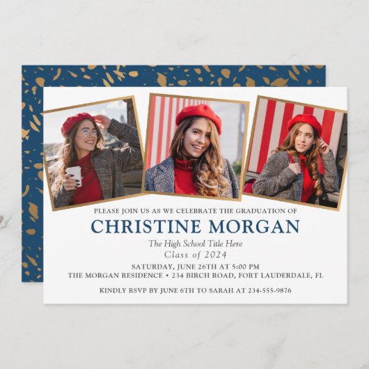 ブルーゴールド 卒業写真 卒業おめでとう 招待状 (正面/裏面)