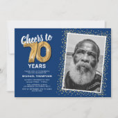 ブルーゴールド 70th 写真 誕生日 招待状 (正面)