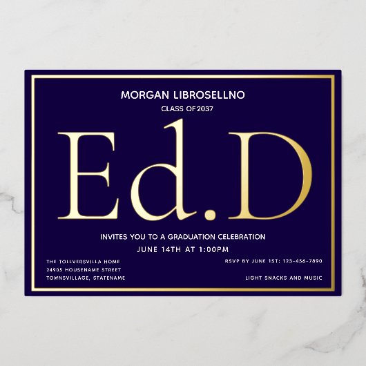 ブルーゴールド Ed.D 卒業 箔招待状 (正面)
