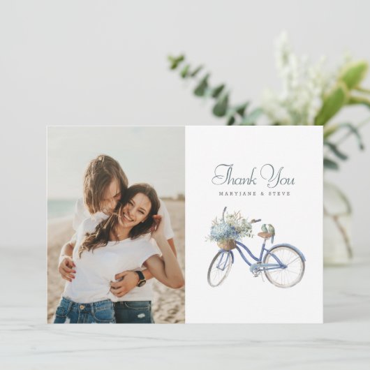 ブルーサイクリングボヘミアン結婚ウォーターカラー写真 サンキューカード (スタンド正面)