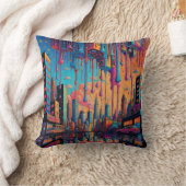 ブルーサイケデリックオレンジドリッピーシティ クッション (ブランケット)