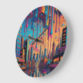 ブルーサイケデリックオレンジドリッピーシティ ラージ壁時計 (傾斜)