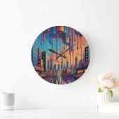 ブルーサイケデリックオレンジドリッピーシティ ラージ壁時計 (ホーム)