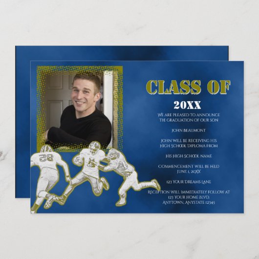 ブルーサッカーと金ゴールドサッカーの卒業発表 招待状 (正面/裏面)