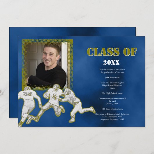 ブルーサッカーと金ゴールドサッカーの卒業発表 招待状 (正面/裏面)
