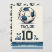 ブルーサッカースポーツボーイジャージー子供の誕生日パーティー 招待状 (正面/裏面)