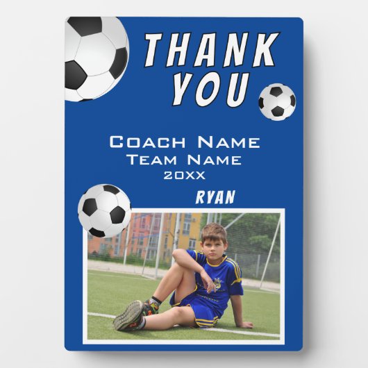 ブルーサッカーボールスポーツコーチありがとう フォトプラーク (正面)