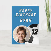 ブルーサッカーボール写真誕生日 カード (正面)