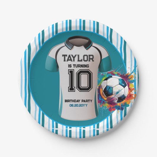 ブルーサッカーポーツボーイジャージー子供の誕生日パーティー ペーパープレート (正面)