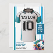 ブルーサッカーポーツボーイジャージー子供の誕生日パーティー 招待状 (正面)