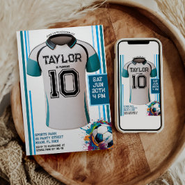 ブルーサッカーポーツボーイジャージー子供の誕生日パーティー 招待状