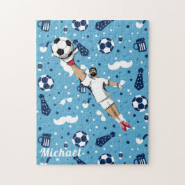 ブルーサッカー選手ボールパターンキッズ名スポーツ ジグソーパズル