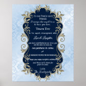 ブルーサテン金ゴールドメタリックフレーム結婚のグリーティング ポスター (正面)