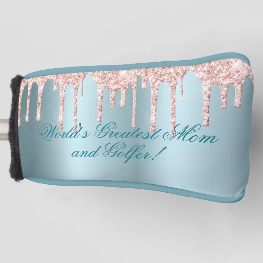 ブルーサテン、ピンクのグリッタードリップス素晴らし – ママゴルファー ゴルフヘッドカバー (正面)