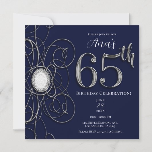 ブルーサファイアとシルバーダイヤモンド 65 65歳の誕生日 招待状 (正面)