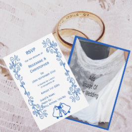 ブルーサファイアのベルとスクロールワークが美しい結婚式の返信ハガキ 出欠カード