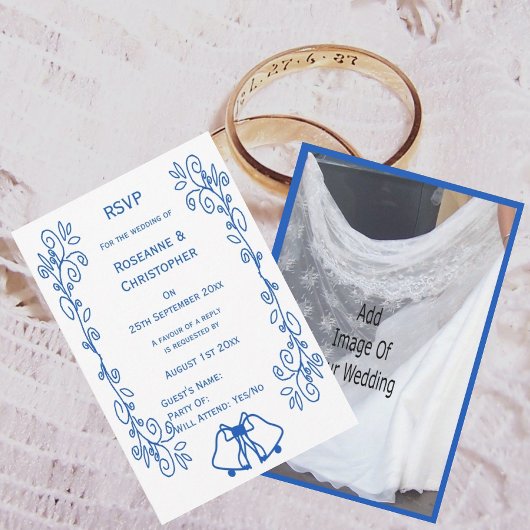 ブルーサファイアのベルとスクロールワークが美しい結婚式の返信ハガキ 出欠カード